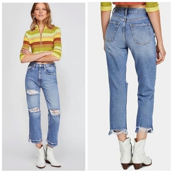 Free People Denim - Free People We The Free Lita Slim Leg Distressed Cropped Women's 25 Medium Wash